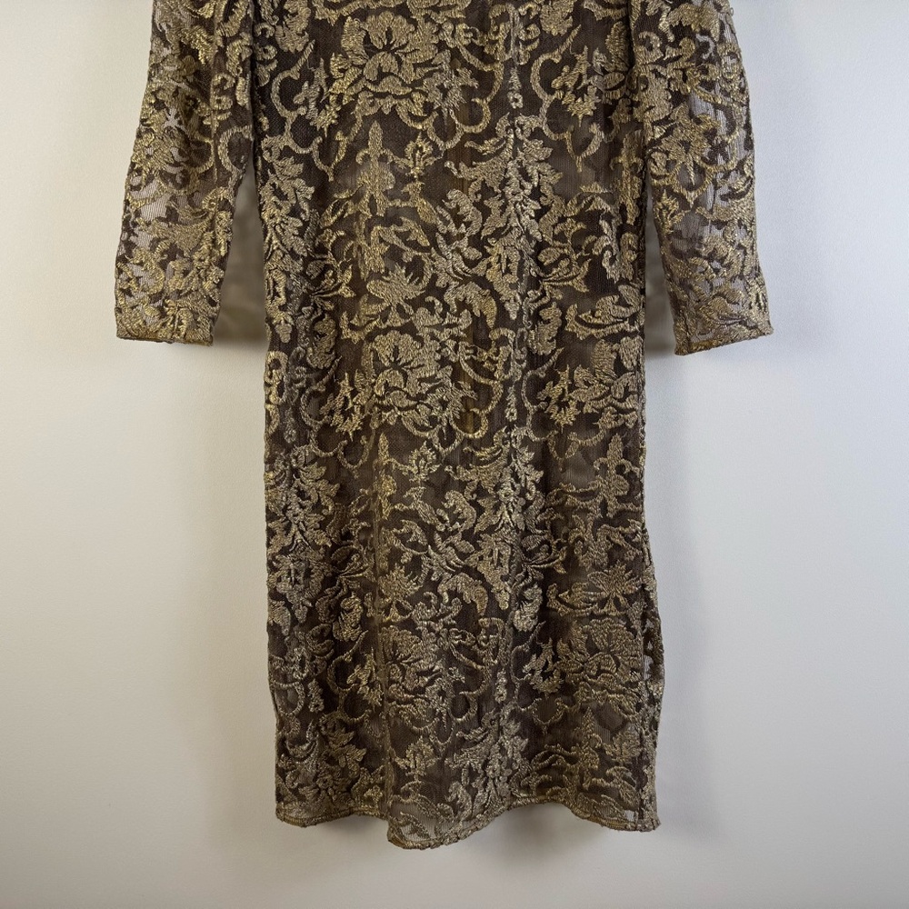 Kay Unger Lace Overlay Metallic Gold Sheath Dress Sheer Party Date Event Sz 4 - Picture 3 of 13